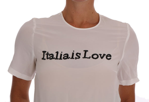 Dolce &amp; Gabbana White Silk ITALIA IS LOVE Pusero T-paita