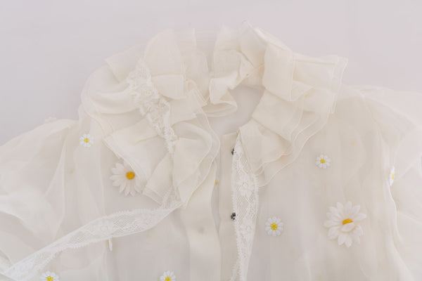 Dolce &amp; Gabbana White Daisy Applikoitu silkkipaita