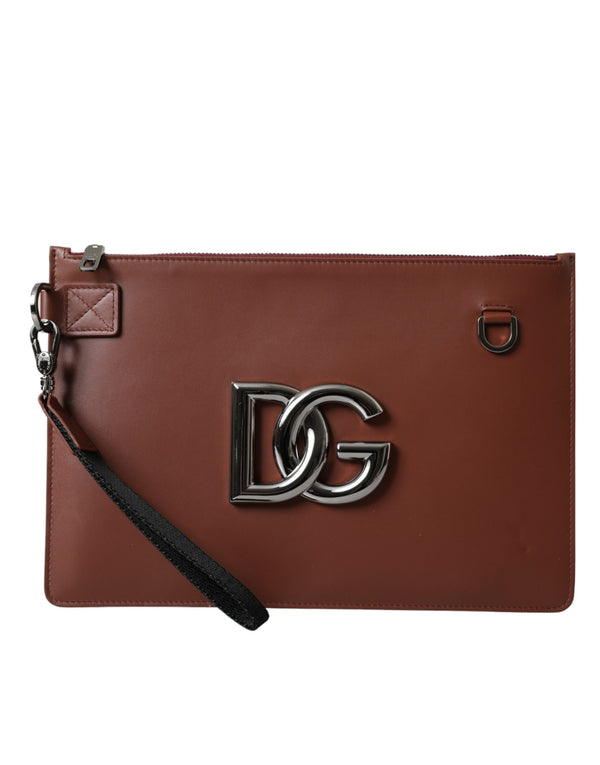 Dolce & Gabbana Brown Calfskin Leather DG Logo Pouch Wrist Strap Bag