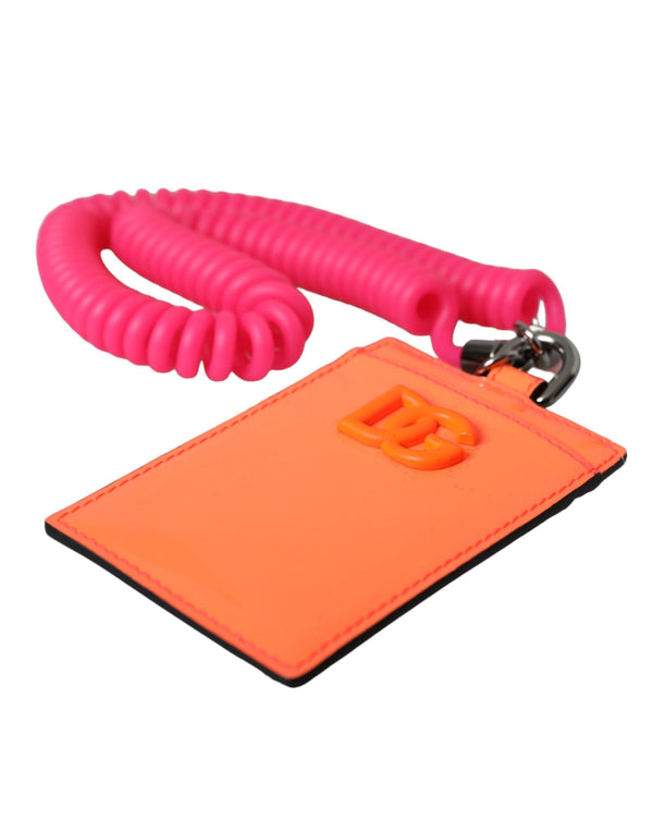 Dolce & Gabbana Orange Pink Leather DG Logo Neck Strap Card Holder Wallet