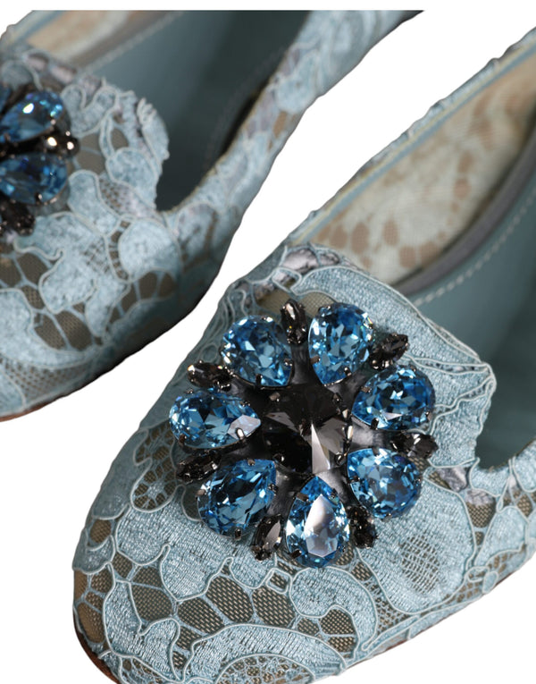 Dolce & Gabbana Blue Lace Crystal Ballet Flats Loafers Shoes