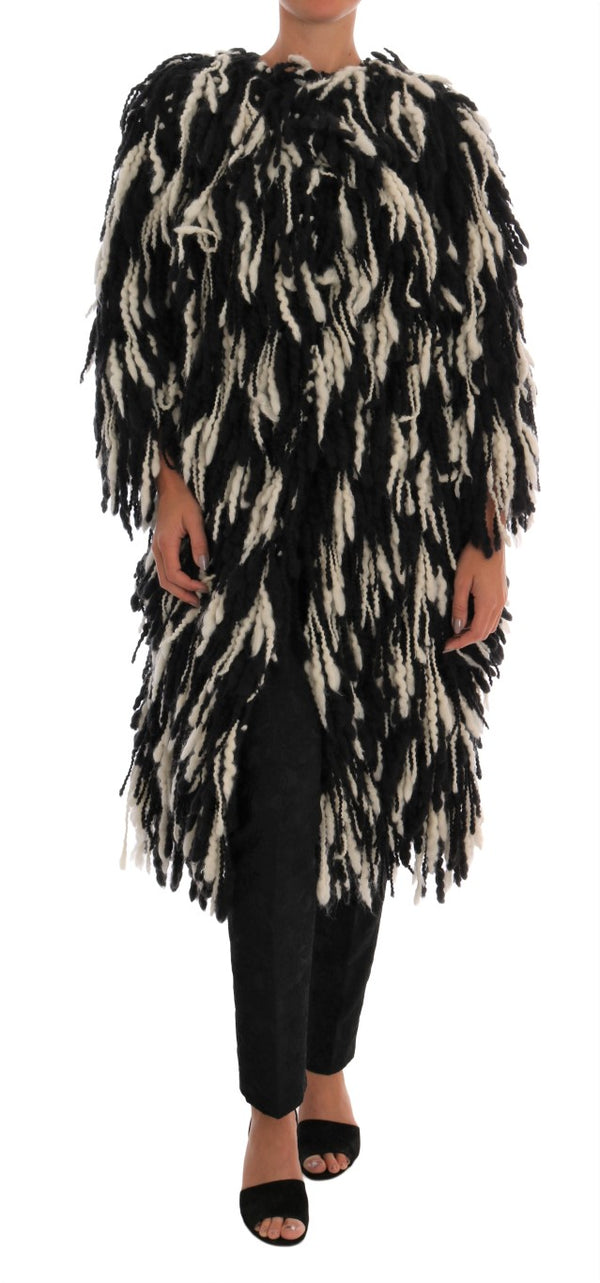 Dolce &amp; Gabbana Black White Fringes Coat Villatakki