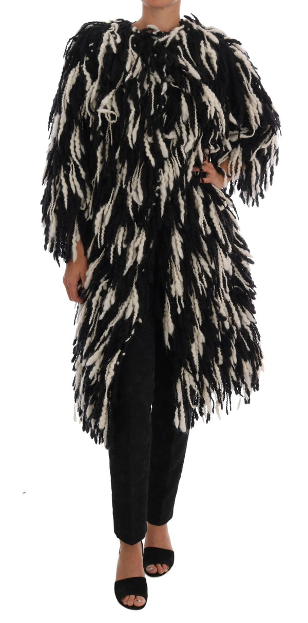 Dolce &amp; Gabbana Black White Fringes Coat Villatakki