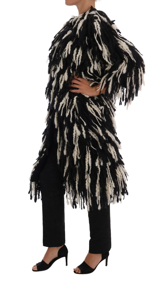 Dolce &amp; Gabbana Black White Fringes Coat Villatakki