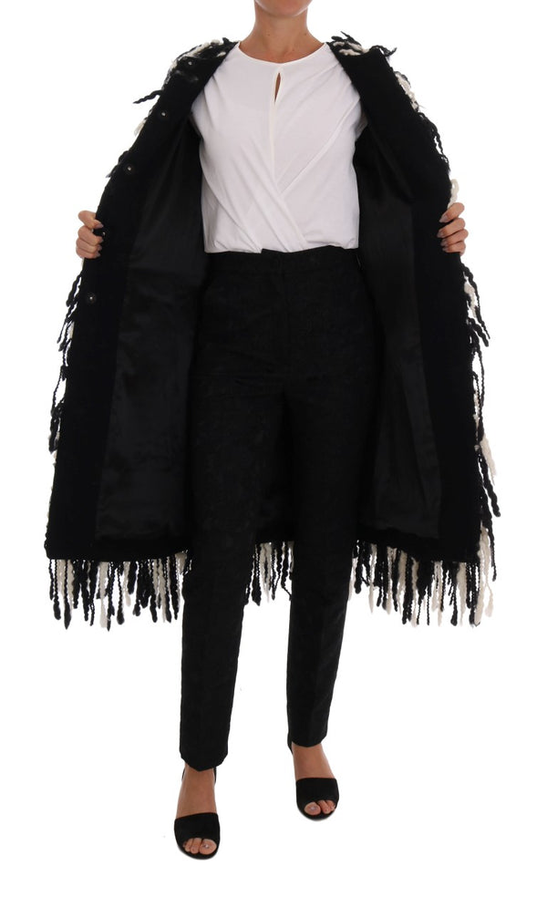 Dolce &amp; Gabbana Black White Fringes Coat Villatakki