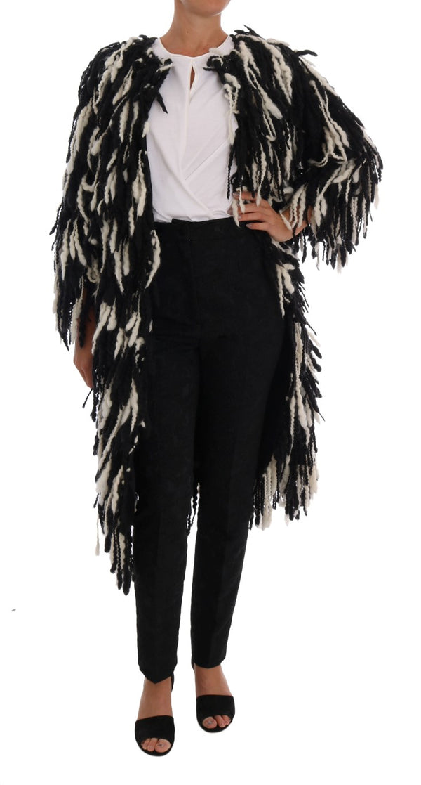 Dolce &amp; Gabbana Black White Fringes Coat Villatakki