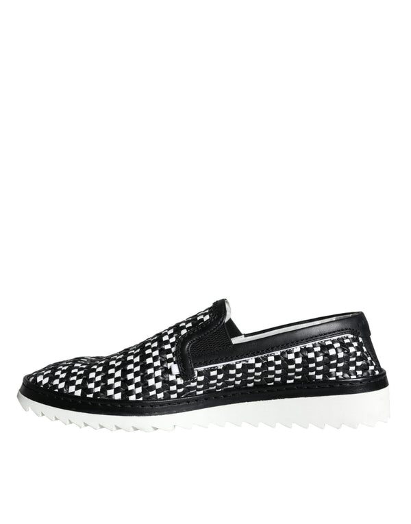 Dolce & Gabbana Black White Weaved Slip On Men Loafers Shoes