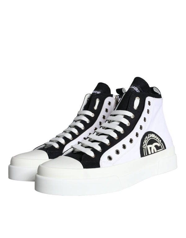 Dolce & Gabbana White Black Cotton Logo High Top Sneaker Shoes