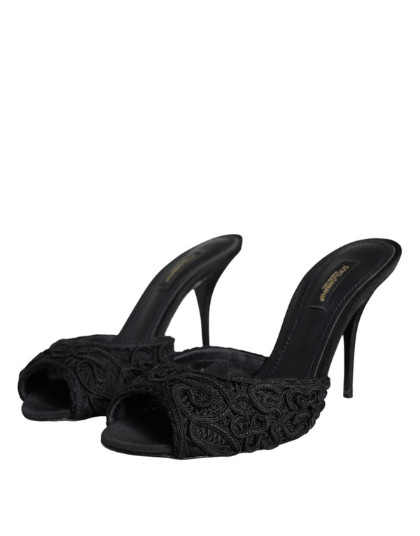 Dolce & Gabbana Black Keira Cordonetto Heels Slides Shoes