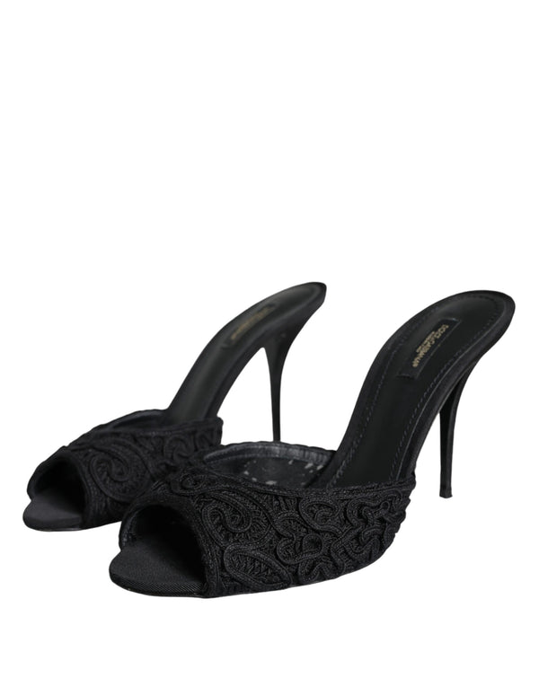 Dolce & Gabbana Black Keira Cordonetto Heels Slides Shoes