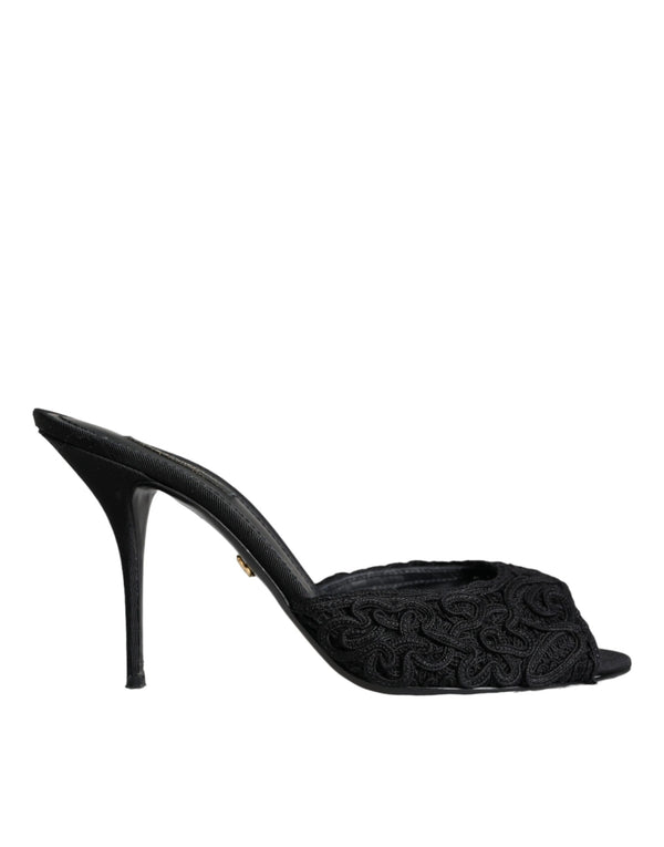 Dolce & Gabbana Black Keira Cordonetto Heels Slides Shoes