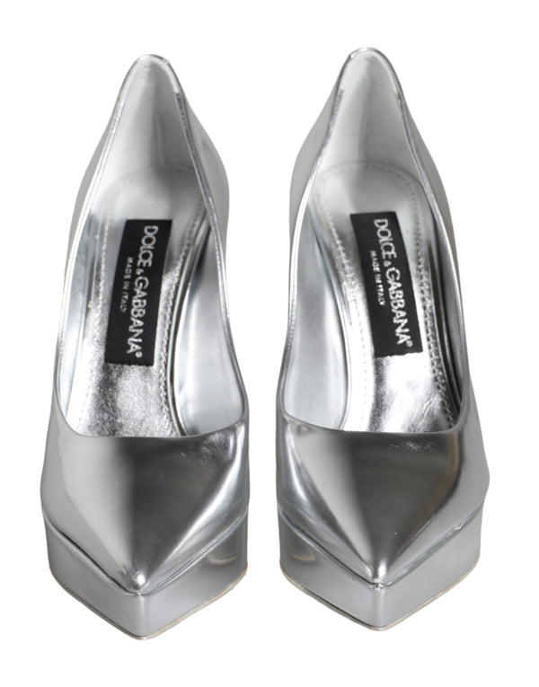 Dolce & Gabbana Silver Leather Platform Heels Pumps Shoes