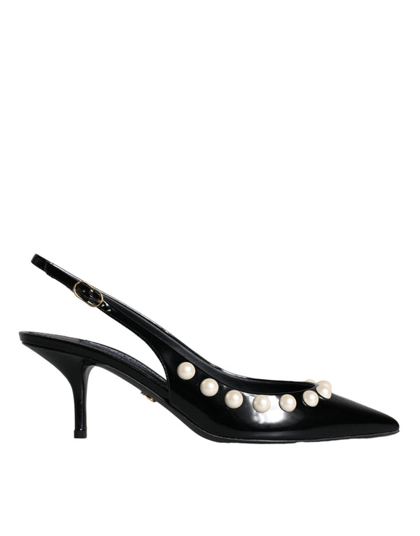 Dolce & Gabbana Black Leather Faux Pearl Heel Slingback Shoes