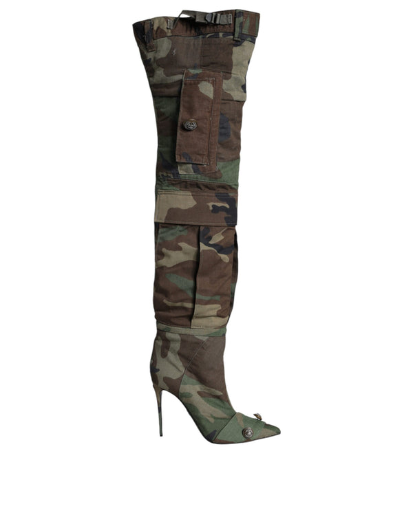 Dolce & Gabbana Multicolor Camouflage Knee High Heels Boots Shoes