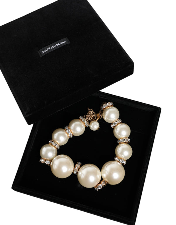 Dolce & Gabbana White Maxi Faux Pearl Beads Crystals Gold Chain Necklace