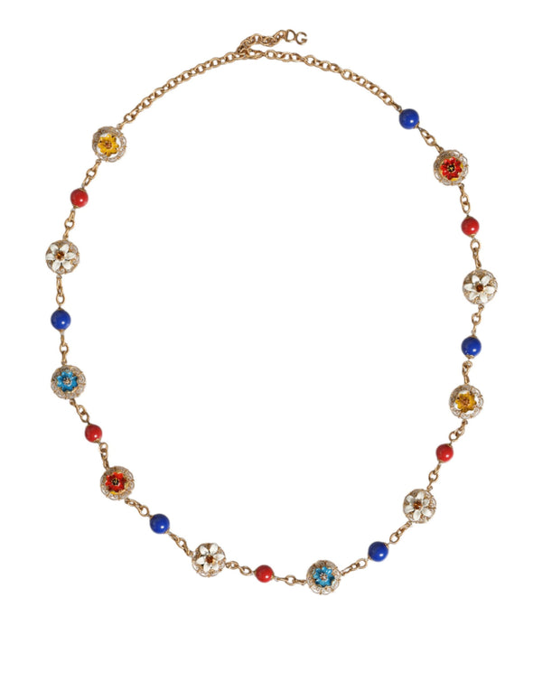 Dolce & Gabbana Gold Tone Brass Chain Floral Crystal Beaded Necklace