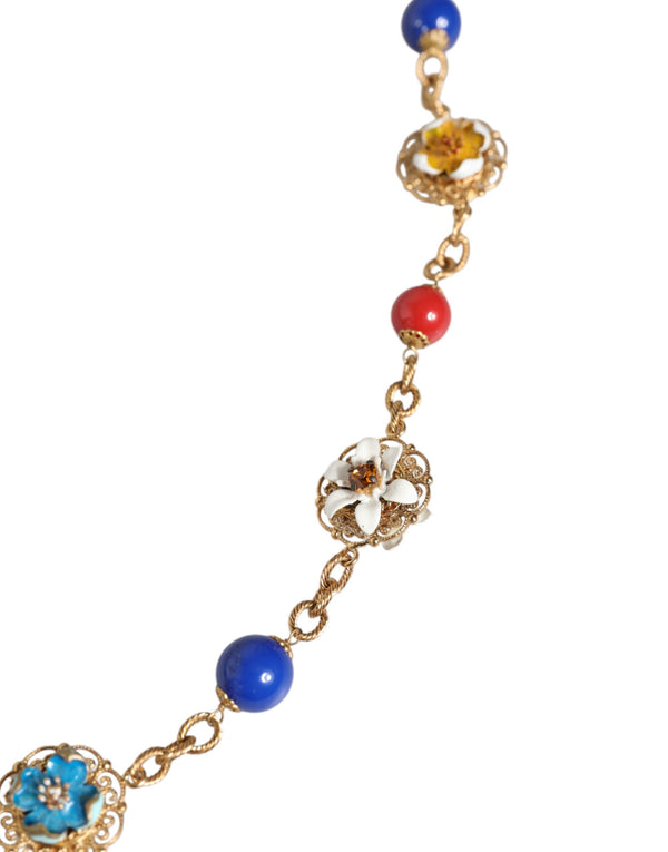 Dolce & Gabbana Gold Tone Brass Chain Floral Crystal Beaded Necklace