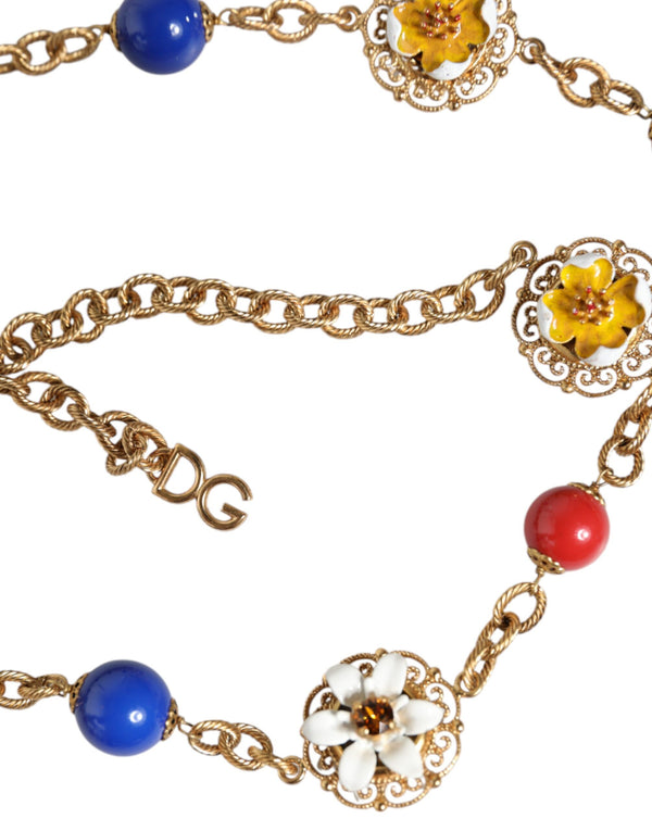 Dolce & Gabbana Gold Tone Brass Chain Floral Crystal Beaded Necklace