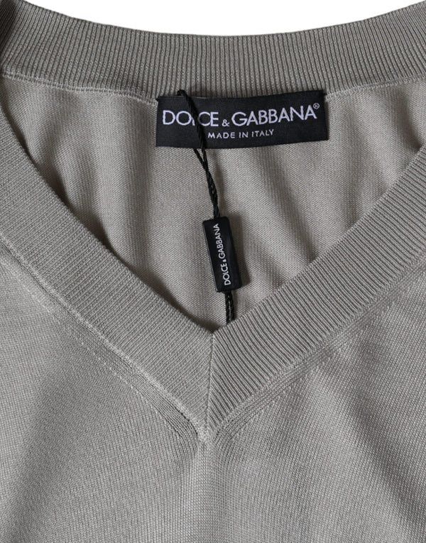 Dolce & Gabbana Off White Silk V-neck Long Sleeves Pullover Sweater