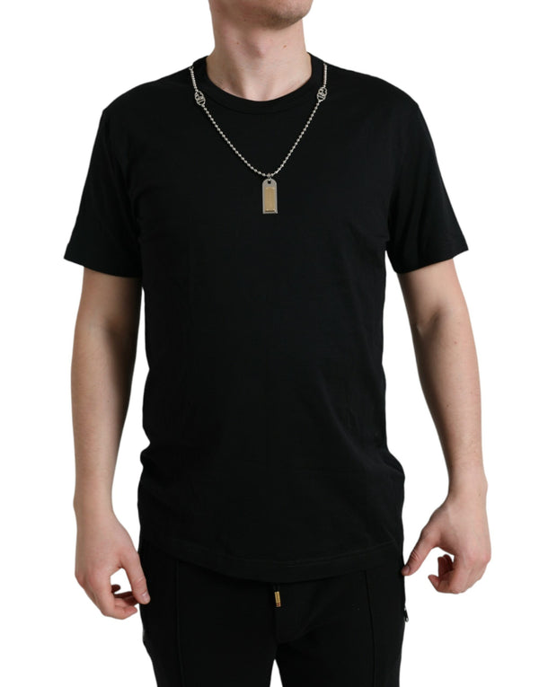 Dolce &amp; Gabbana Black Cotton Dog Tag pyöreäkauluksinen T-paita