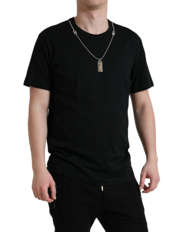 Dolce &amp; Gabbana Black Cotton Dog Tag pyöreäkauluksinen T-paita