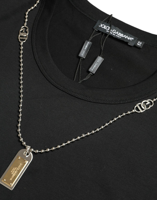 Dolce &amp; Gabbana Black Cotton Dog Tag pyöreäkauluksinen T-paita