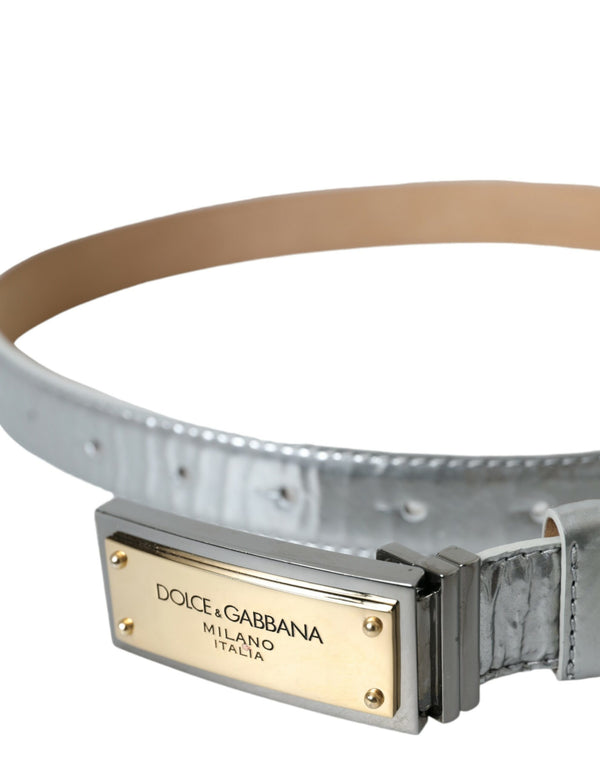 Dolce & Gabbana Silver Leather Metal Logo Buckle Belt Men