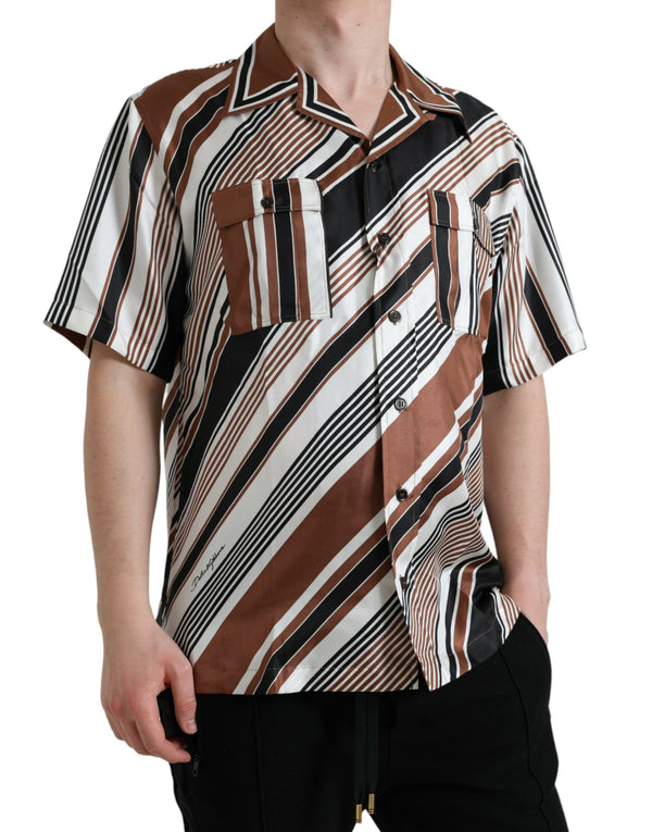 Dolce & Gabbana Brown White Silk Striped Short Sleeve Shirt