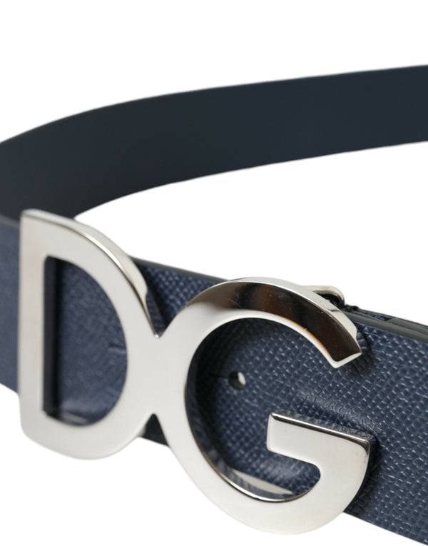 Dolce & Gabbana Blue Leather Silver Logo Metal Buckle Belt