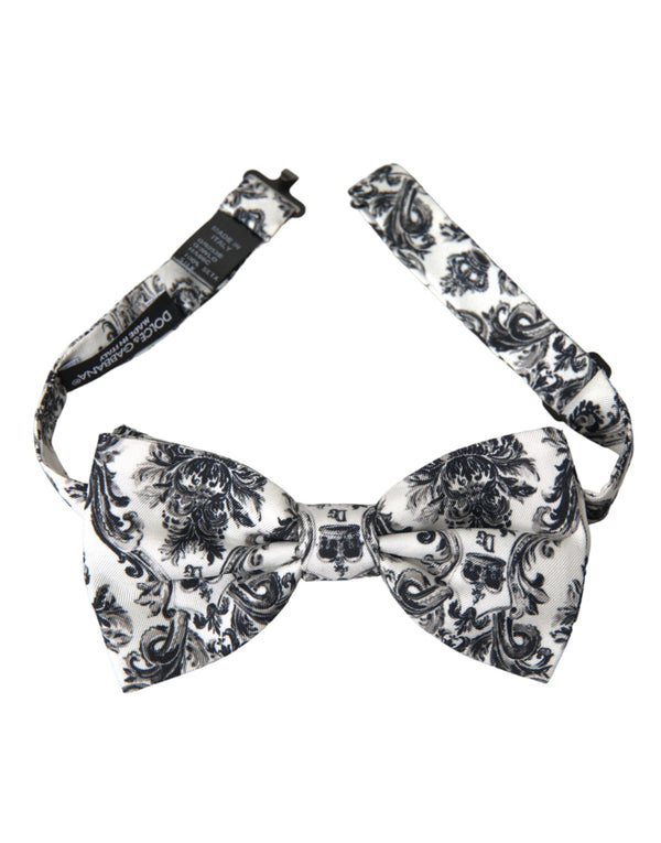 Dolce & Gabbana White Black Floral Adjustable Men Neck Bow Tie