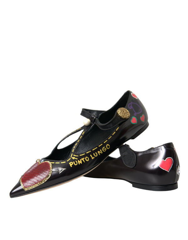 Dolce & Gabbana Black Leather Heart Embellished Loafers Shoes