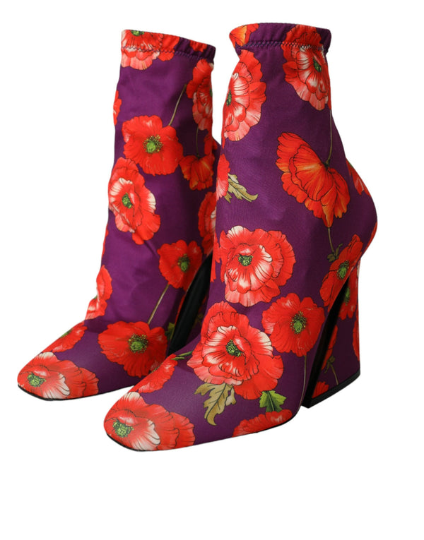 Dolce & Gabbana Purple Floral Jersey Stretch Boots Shoes