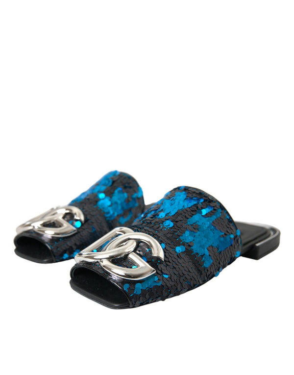 Dolce & Gabbana Blue Sequin Logo Slides Sandals Shoes