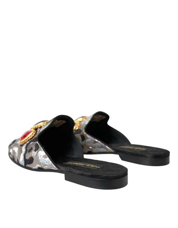 Dolce & Gabbana Gray Jacquard Crystal Mule Flat Sandals Shoes