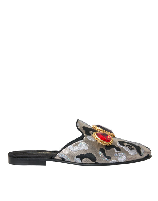 Dolce & Gabbana Gray Jacquard Crystal Mule Flat Sandals Shoes