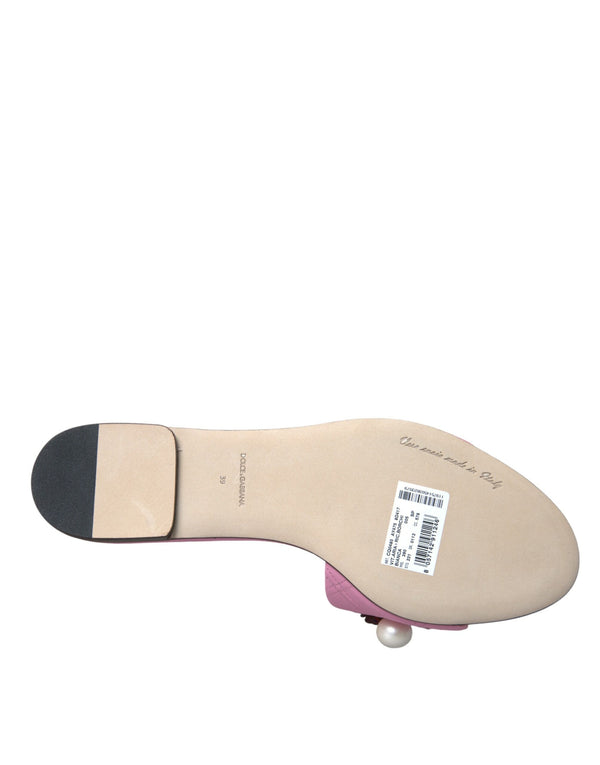 Dolce & Gabbana Pink Embellished Leather Flats Sandals Shoes