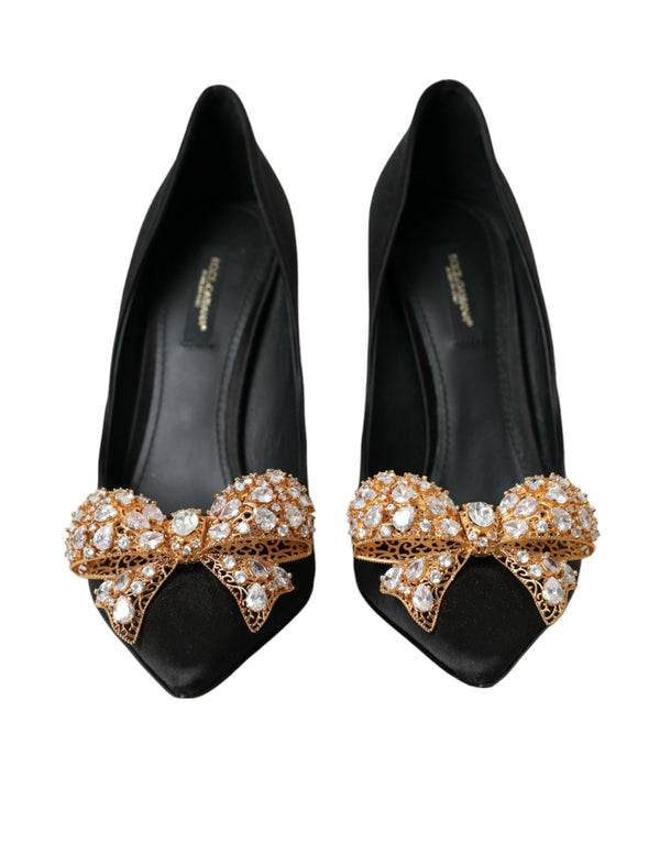 Dolce & Gabbana Black Satin Bow Crystal Heels Pumps Shoes