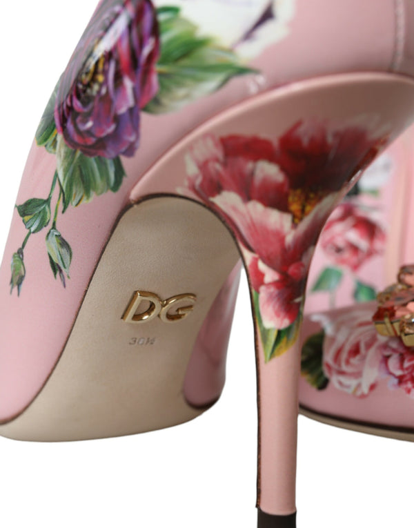Dolce & Gabbana Pink Floral Leather Crystal Heels Pumps Shoes