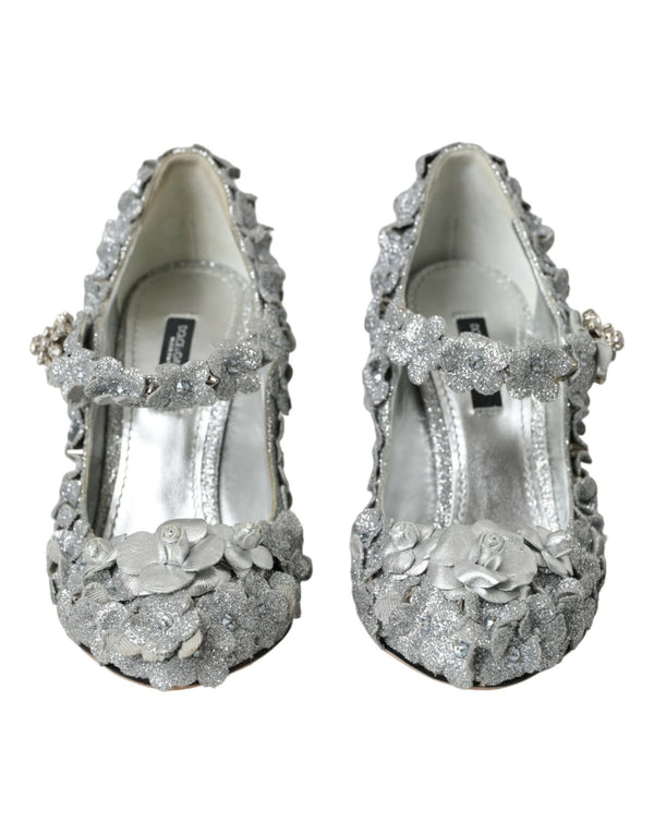 Dolce & Gabbana Silver Floral Crystal Mary Jane Pumps Shoes