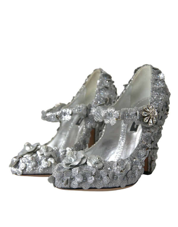 Dolce & Gabbana Silver Floral Crystal Mary Jane Pumps Shoes