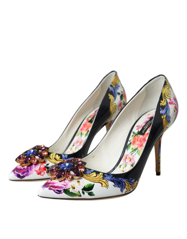 Dolce & Gabbana Multicolor Floral Leather Crystal Heels Pumps Shoes