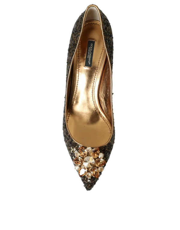 Dolce & Gabbana Gold Sequin Crystals Bellucci Heels Pumps Shoes