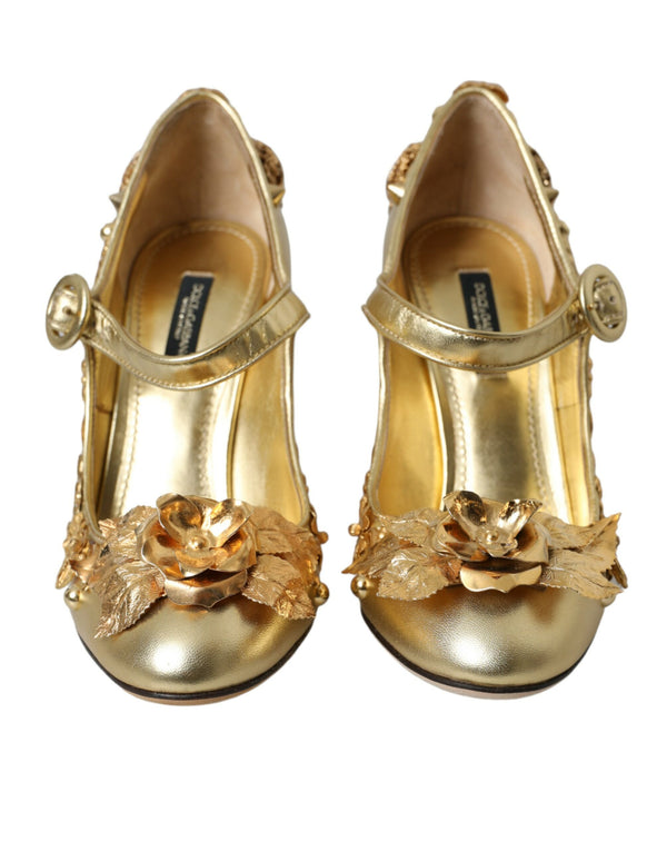 Dolce & Gabbana Gold Leather Crystal Mary Janes Pumps Shoes