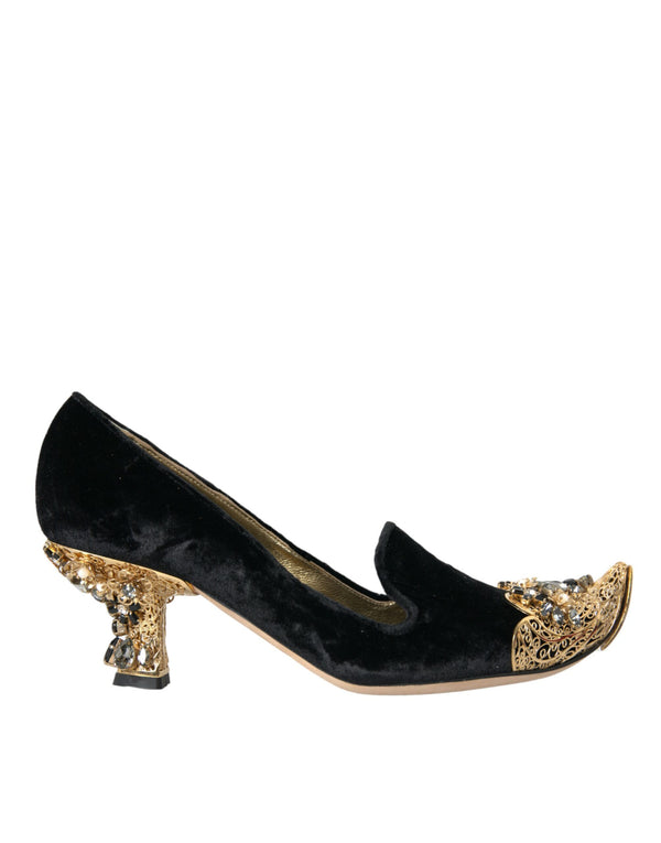 Dolce & Gabbana Black Velvet Embellished Heels Pumps Shoes