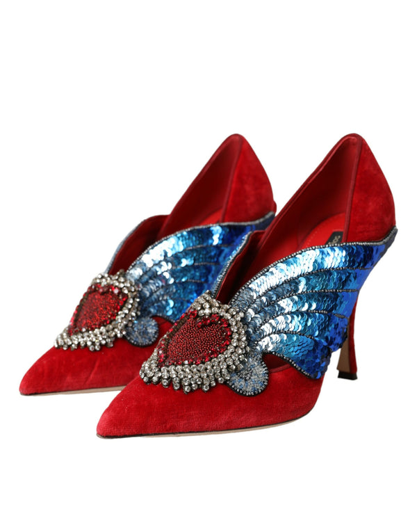 Dolce & Gabbana Red Velvet Sequin Crystal Heels Pumps Shoes