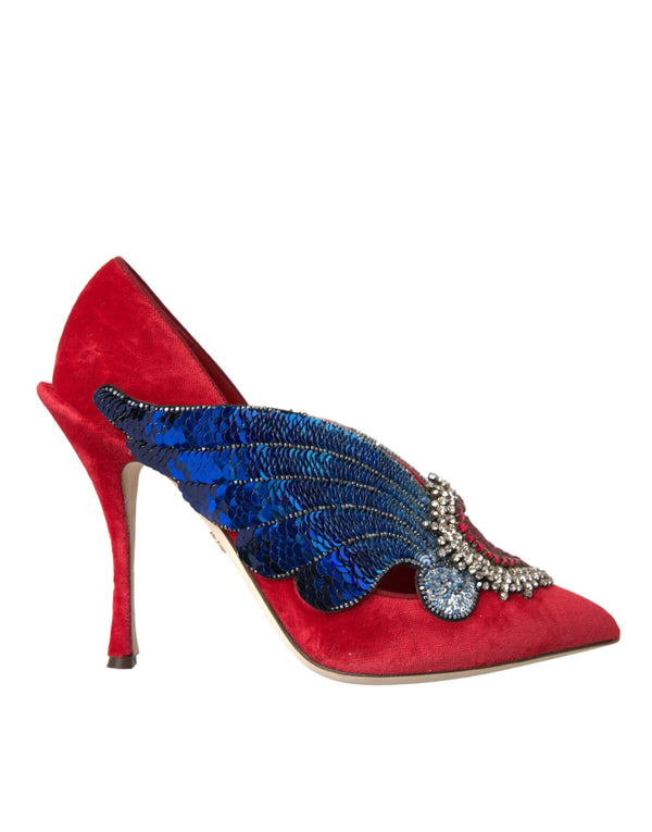 Dolce & Gabbana Red Velvet Sequin Crystal Heels Pumps Shoes
