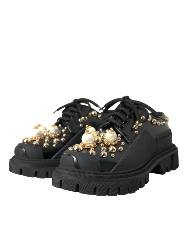Dolce & Gabbana Black Leather Trekking Derby Embellished Shoes