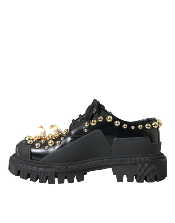 Dolce & Gabbana Black Leather Trekking Derby Embellished Shoes