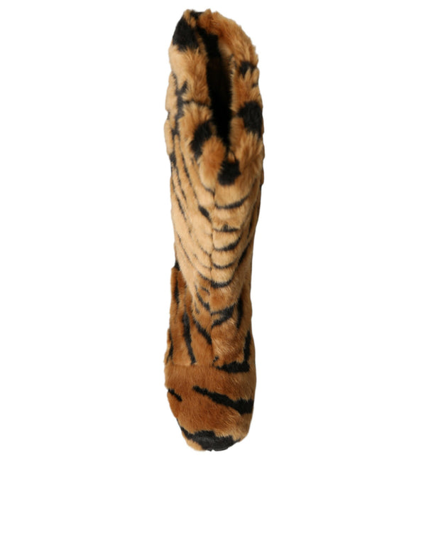 Dolce & Gabbana Brown Tiger Fur Leather Mid Calf Boots Shoes