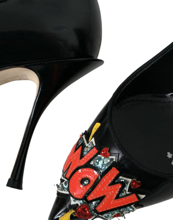 Dolce & Gabbana Black Leather WOW Patch Heels Pumps Shoes